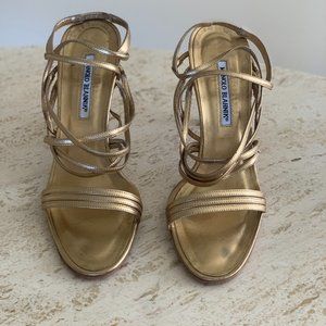 Manolo Blahnik Strappy Gold 3.5 inch Heel Sandals Size 10.5